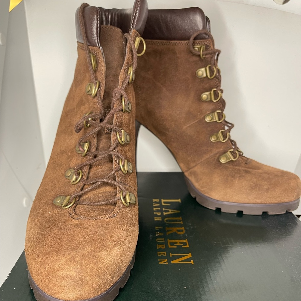 Ralph Lauren Darby dark brown oiled suede Napa high heel lace up boot size 11
